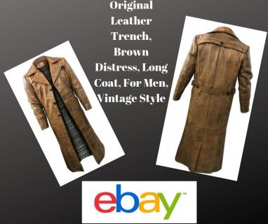 Original Leather Trench, Brown Distress, Long Coat, For Men, Vintage Style logo