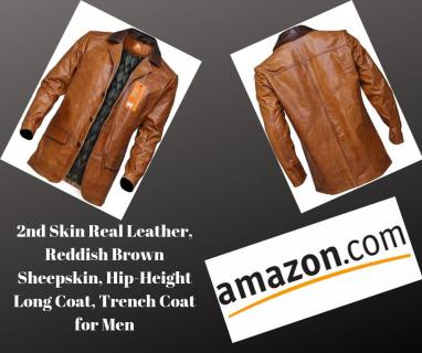 2nd Skin Real Leather, Reddish Brown Sheepskin, Hip-Height Long Coat, Trench Coat for Men logo